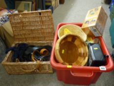 Wicker picnic basket and contents and a plastic crate of household goods