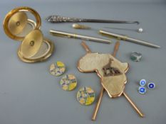 Mixed group of collectables including a silver handled button hook, three silver and enamel buttons,