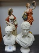 Two white parian gentleman busts and two classical style female figurines, one holding grapes