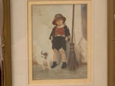 G PAMMENT 1939? oil on board - young street boy with dog and broom, 19 x 14 cms