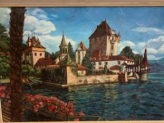 T M MARTIN oil on board - turreted building by a lakeside with mountains to the background,