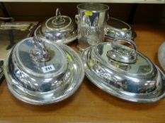 Three good quality oval lidded EPNS entree dishes, all with beadwork decoration, a fourth small dish
