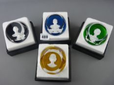 Baccarat France paperweights, set of four, depicting members of the royal family, manufactured for