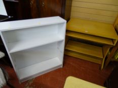 Light wood office work station and a white melamine open bookcase