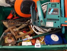 Crate of various garage tools, extension leads and a Black & Decker hedge trimmer E/T