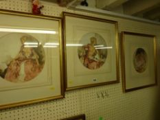 SIR WILLIAM RUSSELL FLINT three framed prints - semi nude females in pink dresses, in circular