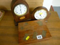 Edwardian inlaid mahogany mantel clock and one other and a modern hardwood and brass boxed card game