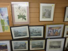 Four framed hunting scene engravings, other engravings, BERYL COOKE print etc (a parcel)