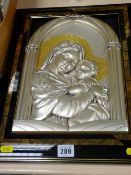 925 silver mother and child panel set in a domed arch and with a black and gilt frame