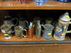 Parcel of mixed pewter and other tankards and a stein