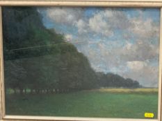 VIKTOR UNGER 1915 mixed media - meadow scene with trees under a blue sky, 31 x 43 cms