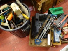 Black bin containing quantity of various garage items, tools etc and a box of similar items and