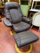 Ultra modern brown leather effect swivel easy chair and matching footstool