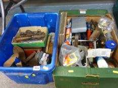 Box and plastic crate of general household goods and hand tools