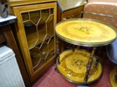 Italian inlaid circular two tier drinks wagon with a modern light wood single door display cabinet