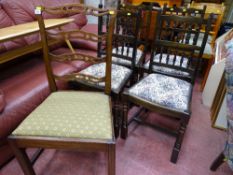 Good antique mahogany side chair with pierced rail ladderback and upholstered drop-in seat along