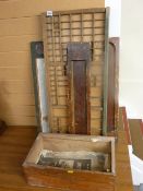 Vintage printer's tray, three painted wooden panels etc