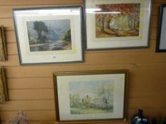 A M GOWLAND watercolours, two - drover and sheep and a riverside scene, 26 x 36 cms and 24 x 35
