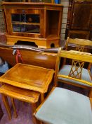 Yew wood twin flap dining table and two chairs, a similar entertainment cabinet and a set of three