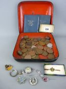 Papier mache lacquerwork box containing a quantity of vintage British coinage and other