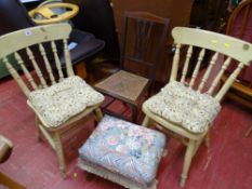 Two lime washed farmhouse chairs, a cane seated side chair and an upholstered top footstool