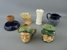 Two Royal Doulton character jugs, a Belleek vase, a Doulton match striker, a Royal Ivory porcelain