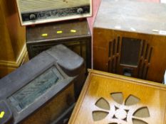 Parcel of three vintage radios by Ekco, Marconi and Phillips and two wooden cased speakers