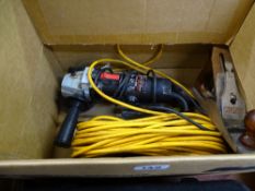 Box of 115mm angle grinder, vintage Ross plane, extension lead etc E/T
