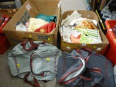 Two boxes of vintage linen and haberdashery along with two modern canvas holdalls