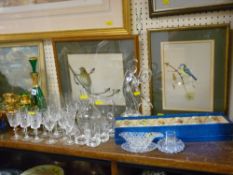 Parcel of gilt decorated and other glassware, green decanter, boxed set of six fruit glasses and a