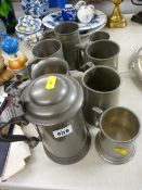 James Dixon & Son glass bottomed pewter flagon and various pewter tankards