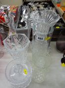 Selection of cut and other glass vases and a cut glass biscuit barrel