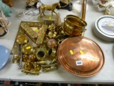 Copper long handled warming pan with a collection of vintage and other brassware