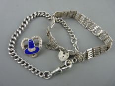 Silver padlock bracelet, fob type chain and an enamel Welsh Lady hat brooch