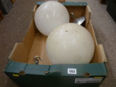 Two white glass ceiling light globes with chrome fitting