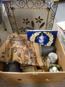 Mixed box of collectables, unframed vintage style tapestry and a wrought iron sparkguard