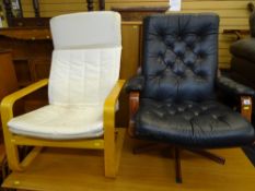 Mid Century style button back upholstery and bentwood swivel lounge chair and another light wood
