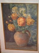 UNSIGNED watercolour - still life, chrysanthemums in a pot, 51 x 33 cms