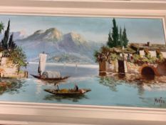 MARTINI oil on canvas - Continental lake scene, 38 x 78 cms