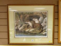 RALPH WATERHOUSE stamped print - otters at the waterside, signed in pencil, 38 x 48 cms
