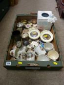 Collection of vintage and other pill boxes with commemorative mugs and beakers etc