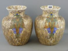 Pair of Cranston pottery vases, tube line decorated on a mottled ground