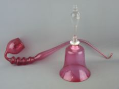 Victorian cranberry glass pipe and a hand bell