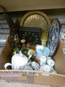 Parcel of mixed porcelain, slate mantel clock, another mantel clock, wall clock etc