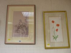 Parcel (three) watercolour and two prints - still life, lady and Oriental