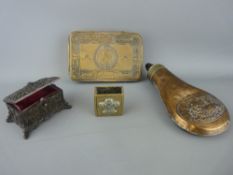 WWI brass Christmas tin, vintage copper shot flask, cast metal trinket box and a trench art matchbox