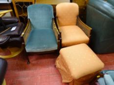 Two vintage Bergere armchairs, both having different colour upholstery, one with matching footstool