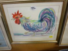 R NATION mixed media - an alert cockerel, 25 x 31 cms