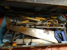 Wooden toolbox containing quantity of hand tools etc