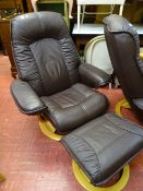 Ultra modern brown leather effect swivel easy chair and matching footstool